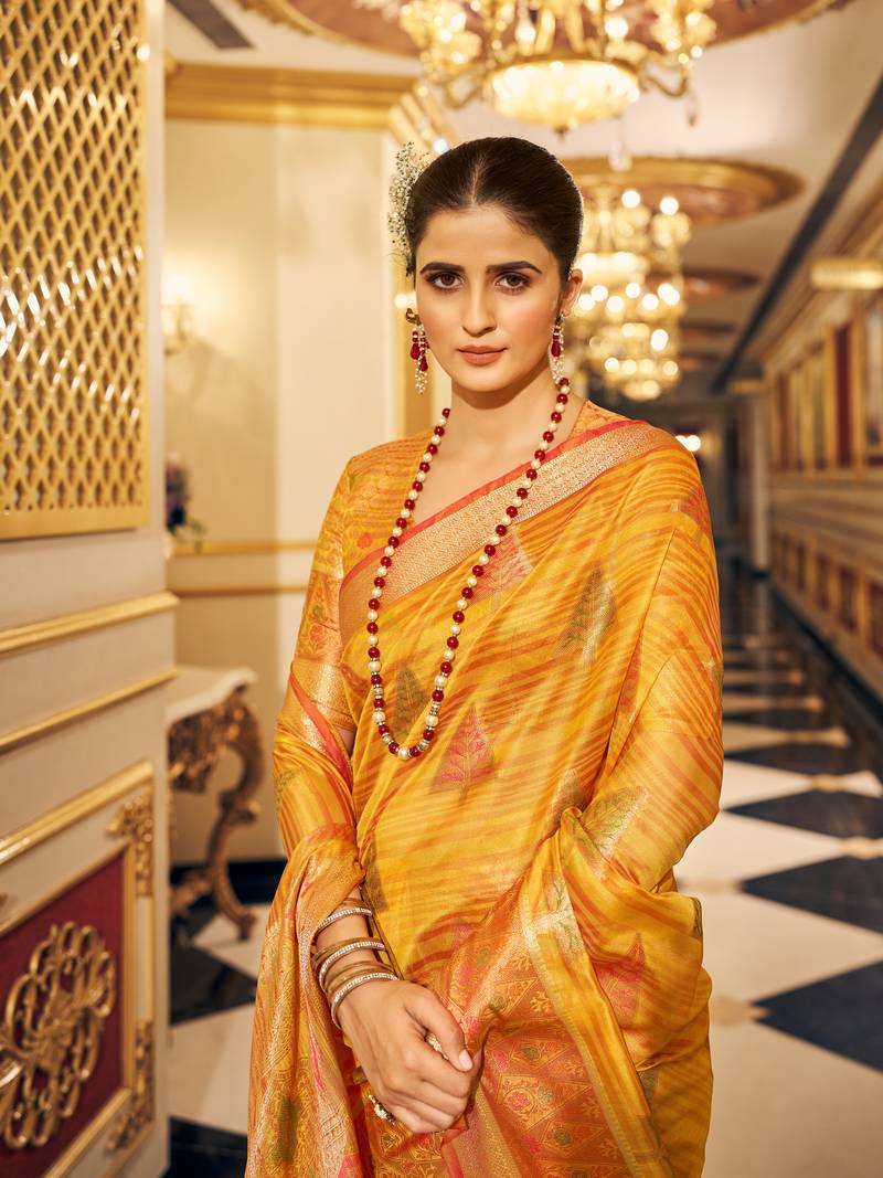 Yellow Banarasi Tussar Silk Zari Woven Saree With Brocade Blouse For Women
