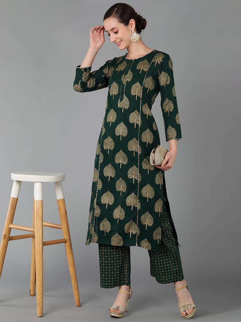green ethnic motifs pure cotton fancy kurta with palazzo set