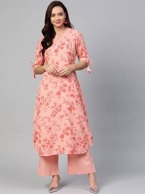 pink floral pure cotton fancy kurta with palazzo set 1