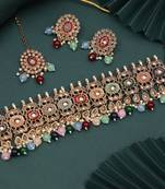 Multi colored mehendi finish reverse ad choker necklace set with a pair of jhumka earrings & a maang tikka