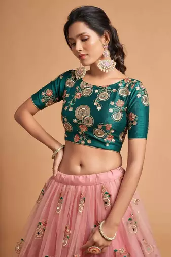 Classiques Net Embroidered Peach Lehenga Choli Set
