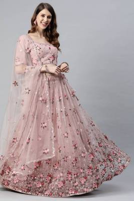 ENCHANTING LIGHT PINK EMBROIDERED NET WEDDING LEHENGA CHOLI WITH DUPATTA 1