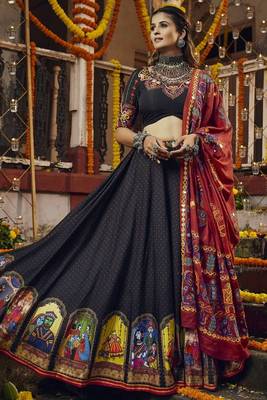 Black Cotton Silk Lehenga Choli Thread Work Embroidery 1