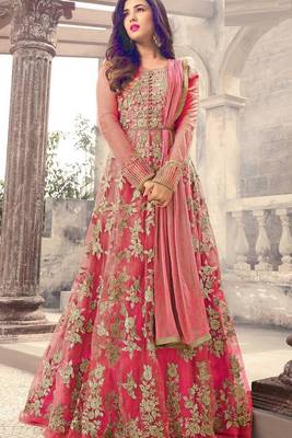 DARK PEACH EMBROIDERED NET ANARKALI SALWAR SUIT SEMI STITCHED 1