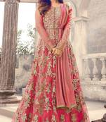 DARK PEACH EMBROIDERED NET ANARKALI SALWAR SUIT SEMI STITCHED