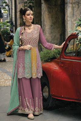 PURPLE CHINON EMBROIDERY WORK  SUIT SET 1