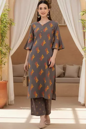 brown geometric pure cotton fancy kurta with palazzo set