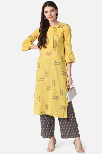 yellow ethnic motifs pure cotton fancy kurta with palazzo set
