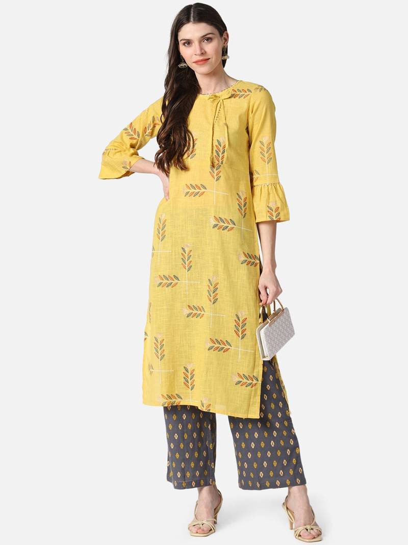 yellow ethnic motifs pure cotton fancy kurta with palazzo set