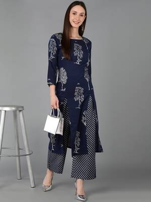 navy blue floral pure cotton fancy kurta with palazzo set 5