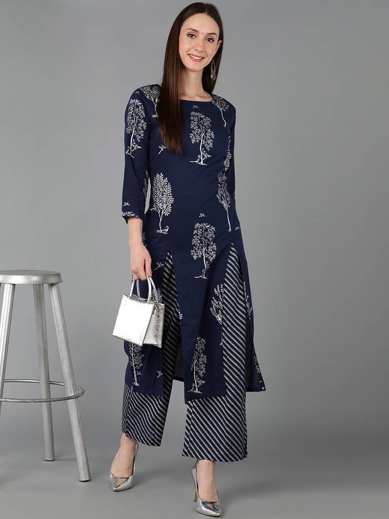 navy blue floral pure cotton fancy kurta with palazzo set