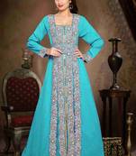 Cyan color luxurious  Handmade Moroccan Kaftan  with hijjab