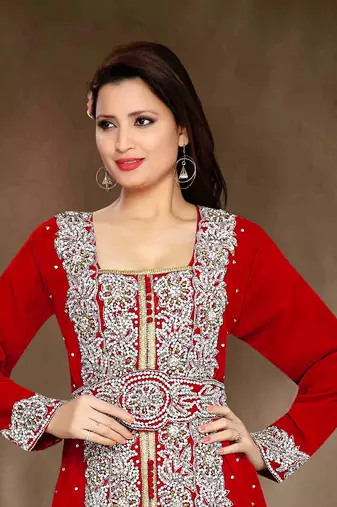 Maroon color Handmade Moroccan Kaftan with hijjab