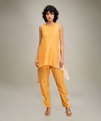 Orange zinnia applique asymmetric kurta set 1