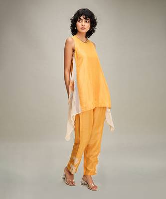 Orange zinnia applique asymmetric kurta set 2