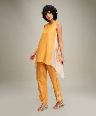 Orange zinnia applique asymmetric kurta set 3