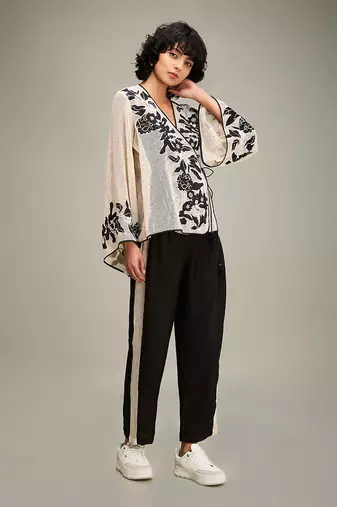 Off white/ black zinnia applique angarkha set