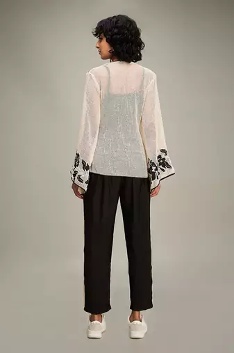 Off white/ black zinnia applique angarkha set