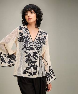 Off white/ black zinnia applique angarkha set 5