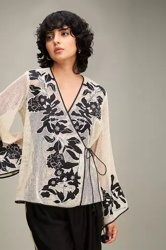 Off white/ black zinnia applique angarkha set