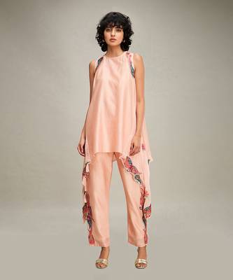 Peach qala applique asymmetric kurta set 1