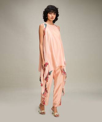 Peach qala applique asymmetric kurta set 2
