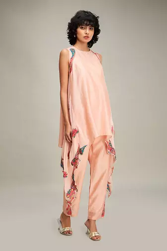 Peach qala applique asymmetric kurta set