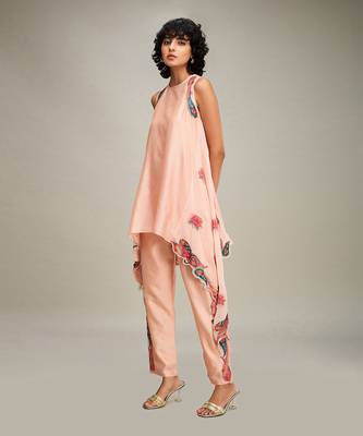 Peach qala applique asymmetric kurta set 3