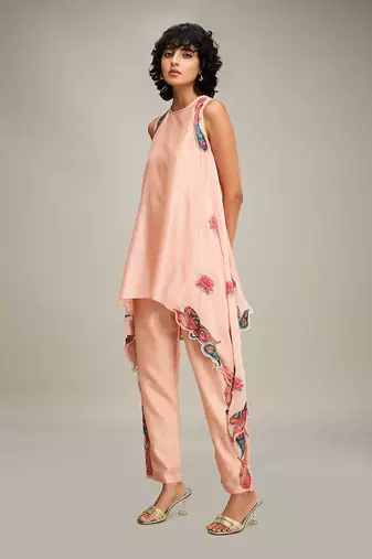 Peach qala applique asymmetric kurta set