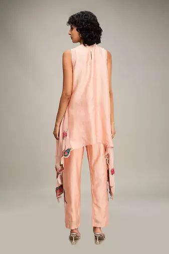 Peach qala applique asymmetric kurta set