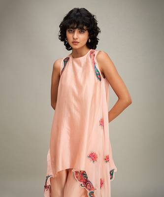 Peach qala applique asymmetric kurta set 5