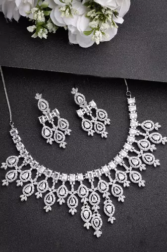 Women silver-plated cubic zirconia studded handcrafted jewellery set