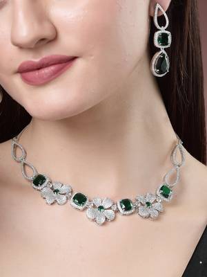 Women green & silver-plated american diamond handcrafted jewellery set 1