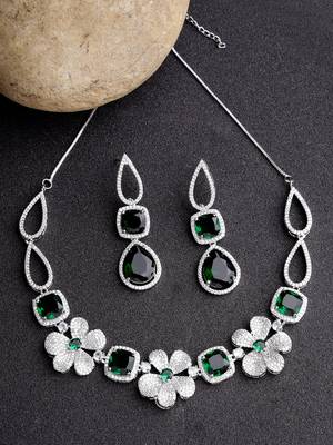 Women green & silver-plated american diamond handcrafted jewellery set 2