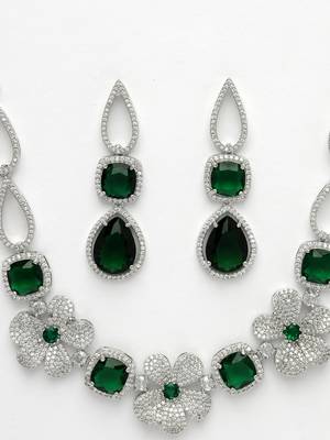 Women green & silver-plated american diamond handcrafted jewellery set 3