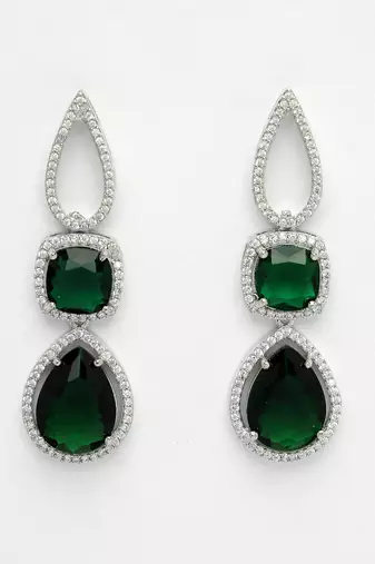 Women green & silver-plated american diamond handcrafted jewellery set