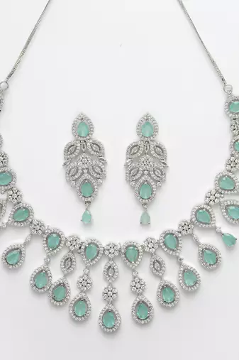 Women silver plated turquoise cz stone handcrafted jewellery set