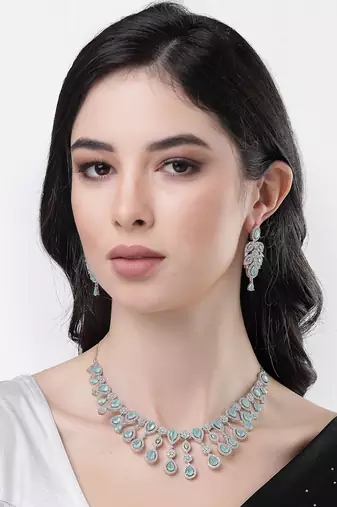 Women silver plated turquoise cz stone handcrafted jewellery set