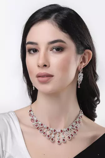 Women silver plated  maroon cz stone handcrafted jewellery set