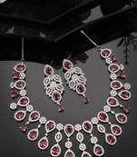 Women silver plated  maroon cz stone handcrafted jewellery set