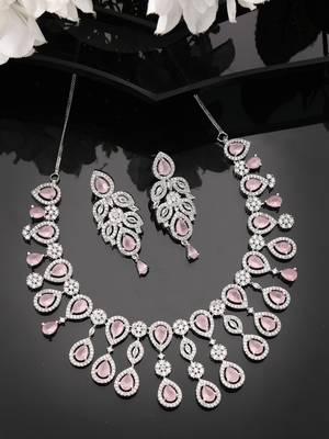 Women silver plated & pink cz stone handcrafted jewellery set 2