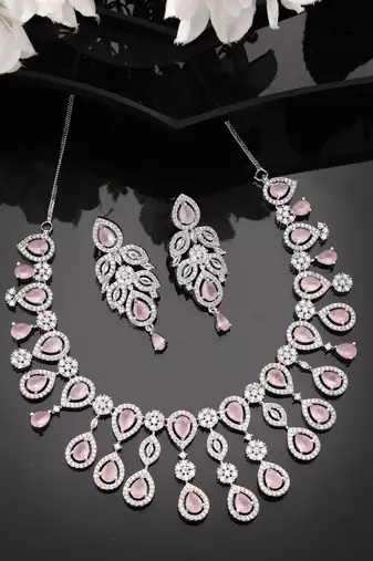 Women silver plated & pink cz stone handcrafted jewellery set