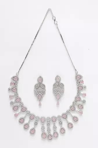 Women silver plated & pink cz stone handcrafted jewellery set