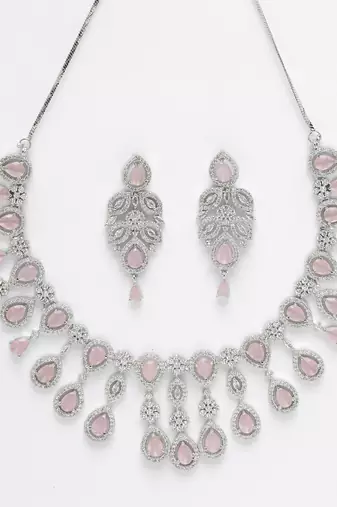 Women silver plated & pink cz stone handcrafted jewellery set