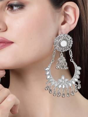 Women silver-plated mirror work oxidised chandbali earrings 1