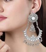 Women silver-plated mirror work oxidised chandbali earrings