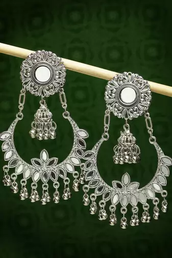 Women silver-plated mirror work oxidised chandbali earrings