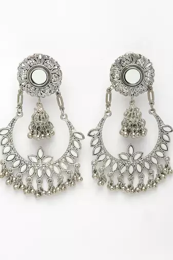 Women silver-plated mirror work oxidised chandbali earrings