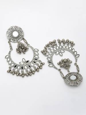 Women silver-plated mirror work oxidised chandbali earrings 4