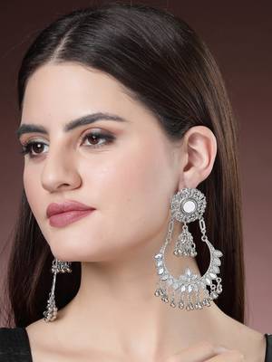 Women silver-plated mirror work oxidised chandbali earrings 5